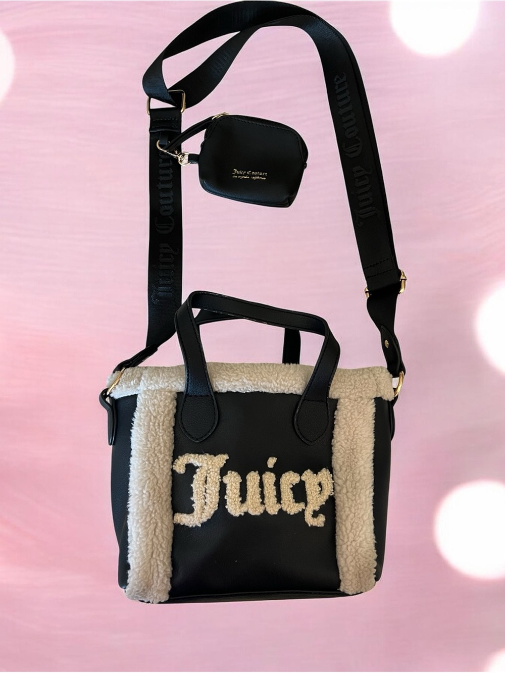 Juicy couture mini black Tote Vegan Leather With Faux Fur And Mini Change Purse